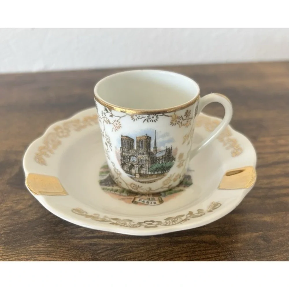 2-PC Vintage Limoges‎ France Souvenir De Paris Porcelain Espresso Cup & Ashtray